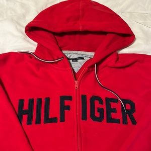 Tommy Hilfiger Red HEAVY WEIGHT ZIP-UP HOODIE. Navy graphics. XL $49